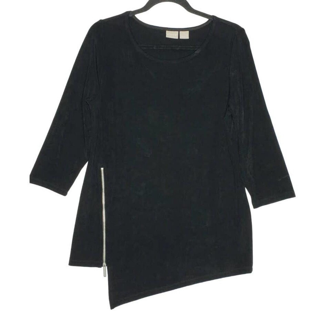 Chico's Travelers Top Black Asymmetric 1 Medium 8 10 Classic Tunic Slinky Zip